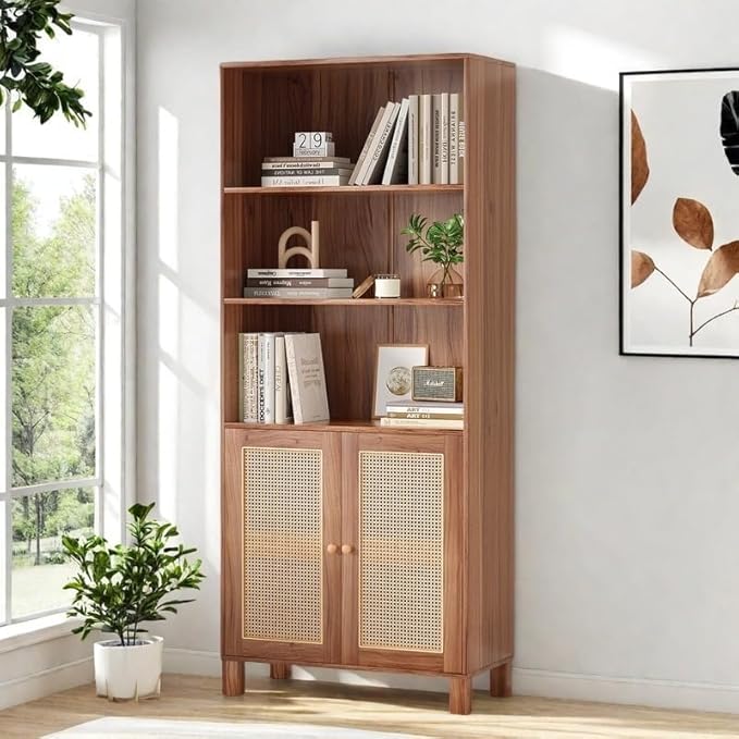 Tall Bookshelf, 5-Tier Book Shelf with 2 Rattan Doors, Freestanding Bookcase Display Shelves with Large Storage, Book Case for Living Room, Office, Study, Bedroom, 70.9 Inch