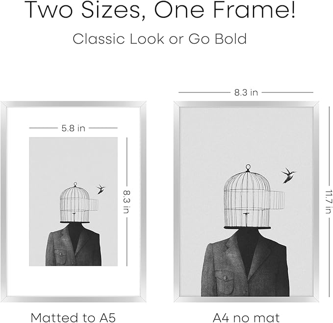 Homeforia A4 Picture Frame Silver, High End Metal 8.3 x 11.7 inch Silver Poster Frames with Mat 5.8 by 8.3 Art, A4 Frames Matted to A5 Photo, 8.3x11.7 Wall or Tabletop Frames, Tempered Glass, Set of 1