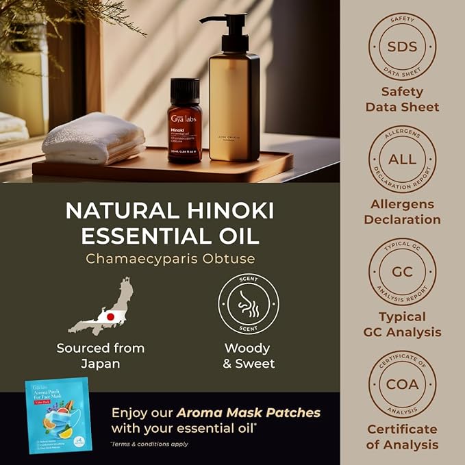 Gya Labs Hinoki Essential Oil for Diffuser & Skin - 0.34 Fl Oz - 100% Pure Natural Hinoki Oil for Hair, Massage, Aromatherapy Spray & Candle Making Scent