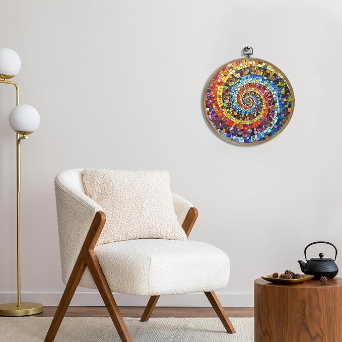 Colorful Glass Style Colorful Geometric Decoration Gift for Art Lovers Framed Round Wall Decor Canvas Wall Art Hanging Prints Artwork for Home Nursery Bedroom Living Room Decorations 10.2X10.2 Inch