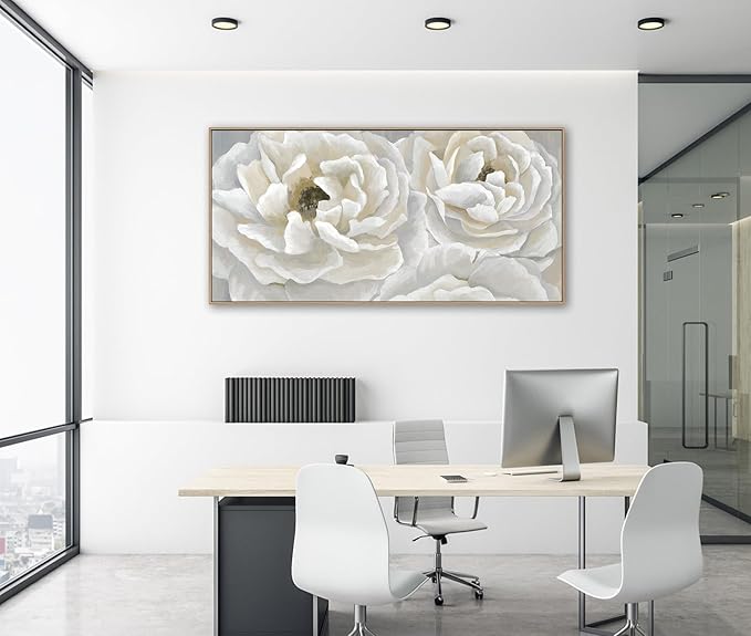 arteWOODS Cream White Flowers Framed Wall Art - Soft Peony Pictures for Wall Decor Elegant Blossom Flower Painting Artwork Botanical Prints for Living Room Home Office Wall Decoration 24" x 48"