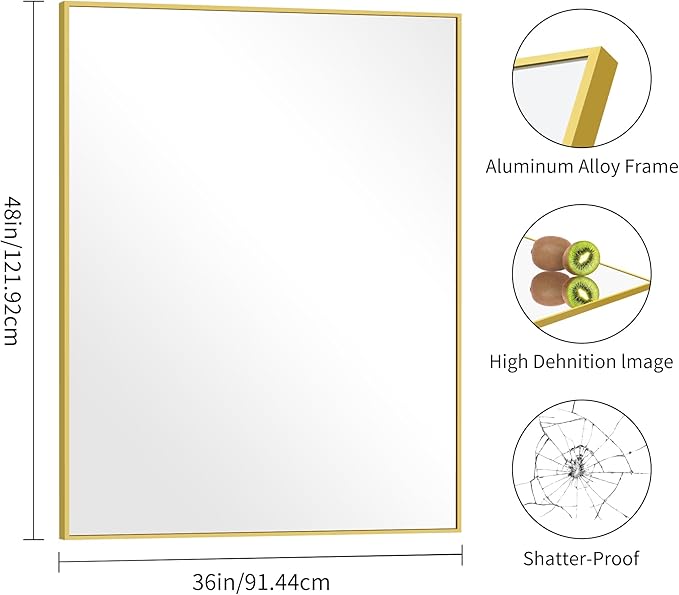 36x48inch Bathroom Mirror, Gold Rectangle Mirror with Thin Metal Frame, Large Rectangular Wall Mirrors for Bathroom, Living Room, Hair Salon, Big Farmhouse Mirror Hang Horizontal/Vertical