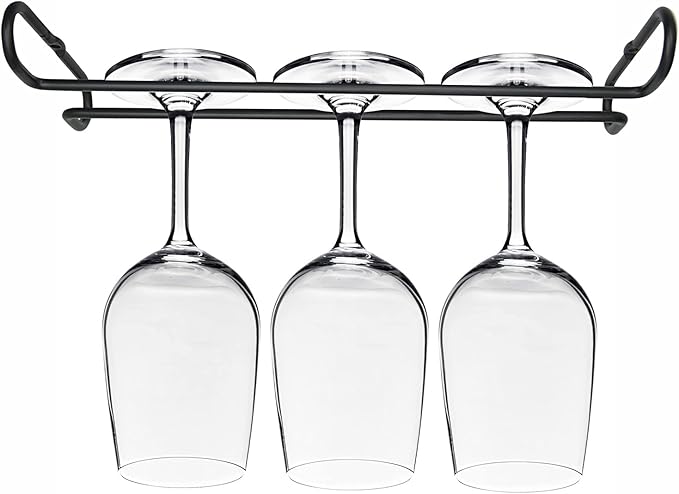 10 Inch Wine Glass Rack Under Cabinet Shelf Stemware Storage Hanging Hanger Organizer Glasses Holder with Drying Under Counter Metal for Kitchen and Bar Set of 2 Black