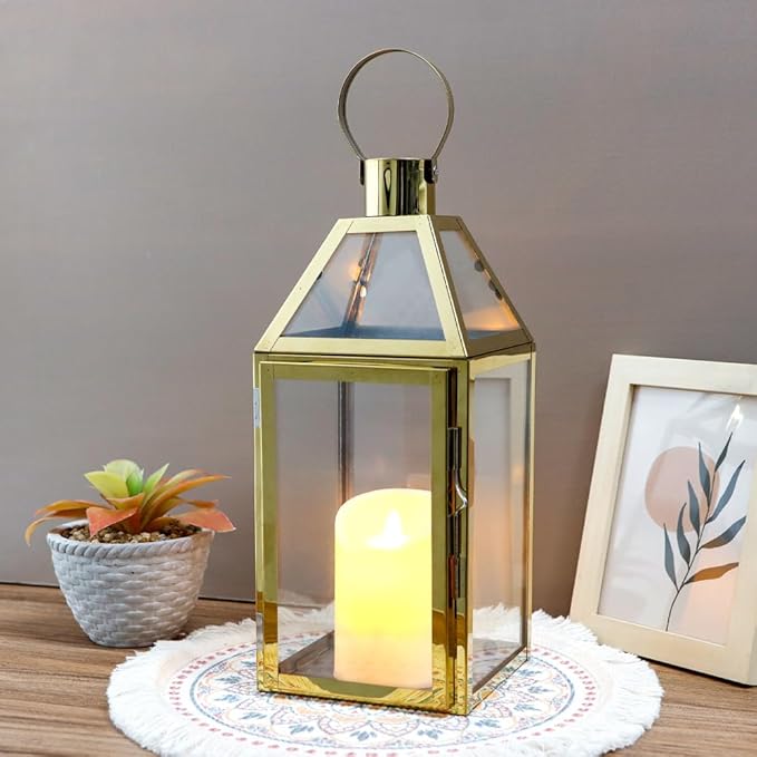 JHY Design Gold Decorative Lanterns 16" H Stainless Steel Candle Lanterns with Tempered Glass for Indoor Outdoor Events Parities and Weddings