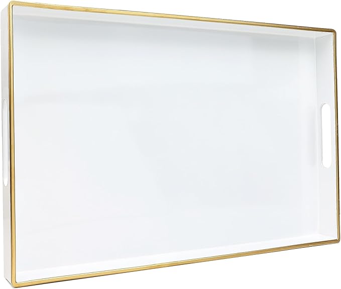 Spsyrine White Decorative Serving Tray with Handles, Elegant Plastic Coffee Table Tray for Ottoman, Living Room, Home Decor 15.6" X 10.2"