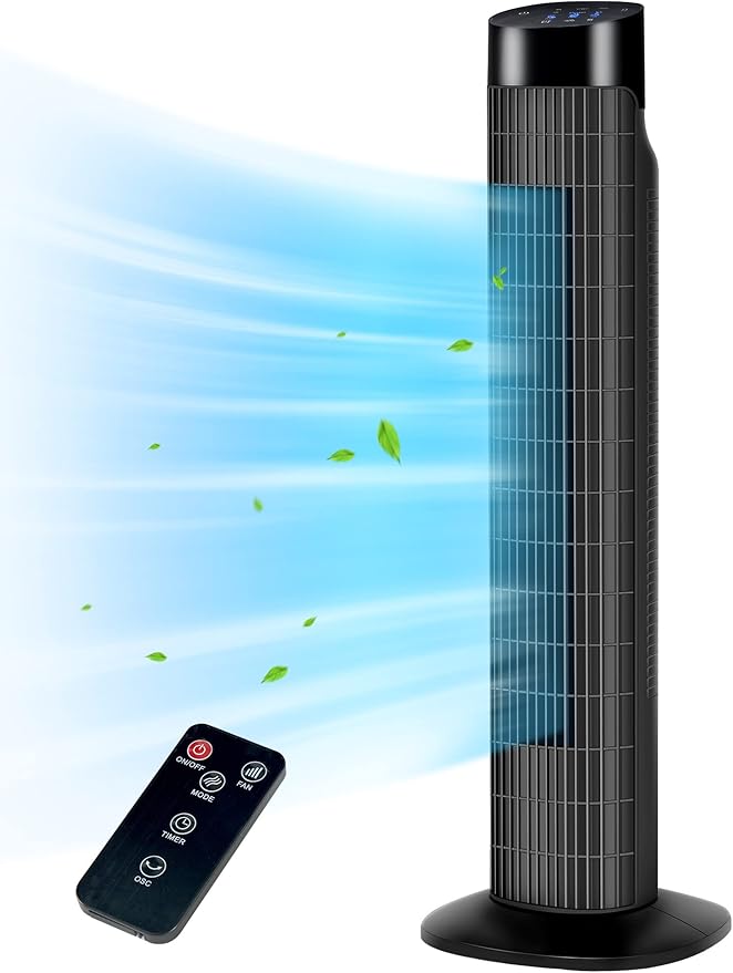 Uthfy 31 Inch Tower Fan for Bedroom, 120° Oscillating Quiet Standing Bladeless Fan With Remote, 7.5H Timer, 3 Speeds, 3 Modes, for Room, Dorm, Office, Black