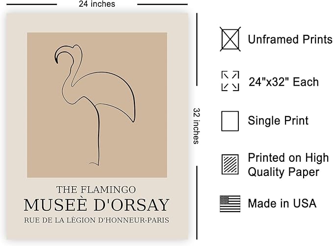 Poster Master Vintage Poster - Retro Minimalist Print - Gift for Artist, Housewarming - Flamingo, Line Drawing, Sketch, Abstract - Wall Decor for Living Room, Bedroom, 24x32 Unframed Wall Art