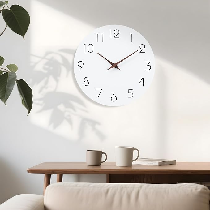 Mosewa Wall Clock Battery Operated 8 Inch White Silent Non Ticking Simple Minimalist Wooden Decorative for Kitchen Bathroom Bedroom Living Room Office