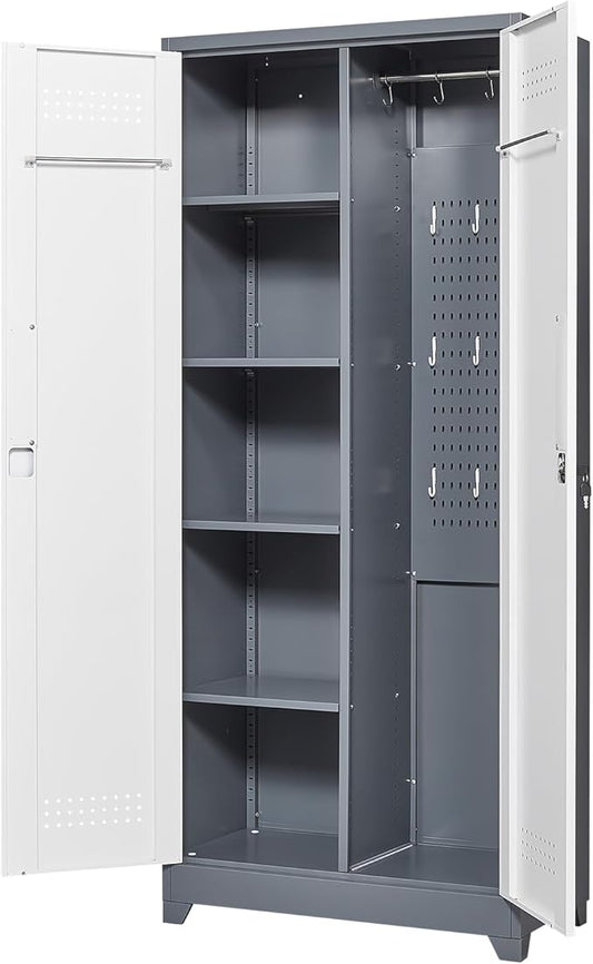 Locking Cabinet,Metal Storage Cabinet with Doors and Shelves,Broom Closet Storage Cabinets for Bedroom,Home Office,Grey-White