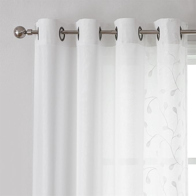 MIUCO Light Filtering Faux Linen Curtains, 84 Inches Long for Bedroom & Living Room, Pure White Floral Embroidered Solid Mix and Match, Semi Sheer Grommet Farmhouse Drapes, 2 Panels Set