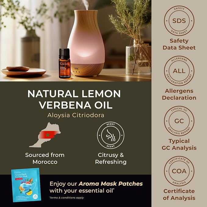Gya Labs Lemon Verbena Essential Oil for Diffuser - 0.34 Fl Oz - 100% Pure Natural Lemon Verbena Oil for Skin, Hair, Perfume, Bath Bombs & Candle Making Scent
