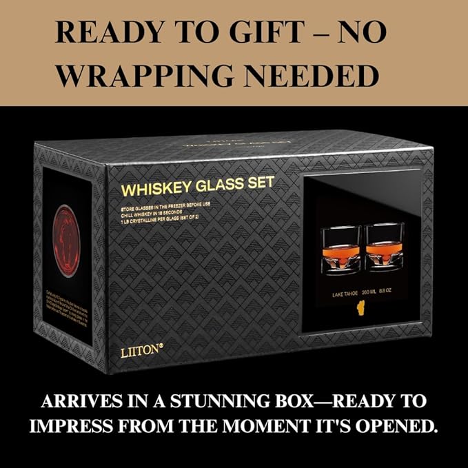 Lake Tahoe Heavy Crystal Whiskey Glasses Gift Set of 2, Thick Freezable Bourbon Glass 1lb Each, Premium Whiskey Gifts for Men, Frozen Crystal Chills Cocktails, 10 oz
