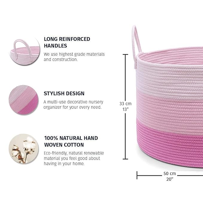 OrganiHaus Toy Storage Basket for Kids, Large Cotton Rope Organizer Bin for Nursery, Toy Box, Blanket Holder, Baby Hamper for Living Room, Soft & Washable, 20x13 inches - Pink