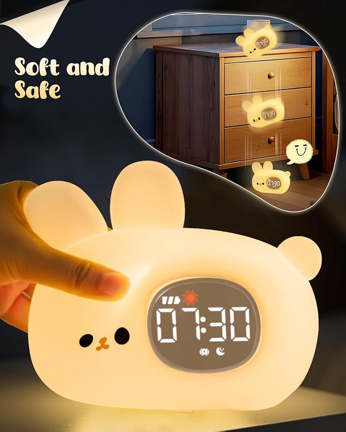 Bunny Alarm Clock for Kids with Night Light, Sleep Training Clock Time to Wake Clock, Rechargeable Silicone Light for Bedroom, Perfect Sleep Companion for Boys Girls