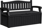 Greesum 80 Gallon Outdoor Storage Bench, Resin Patio Furniture with Armrest,Waterproof and UV-Resistant, Perfect to Garden, Poolside and Lawn, Dark Black