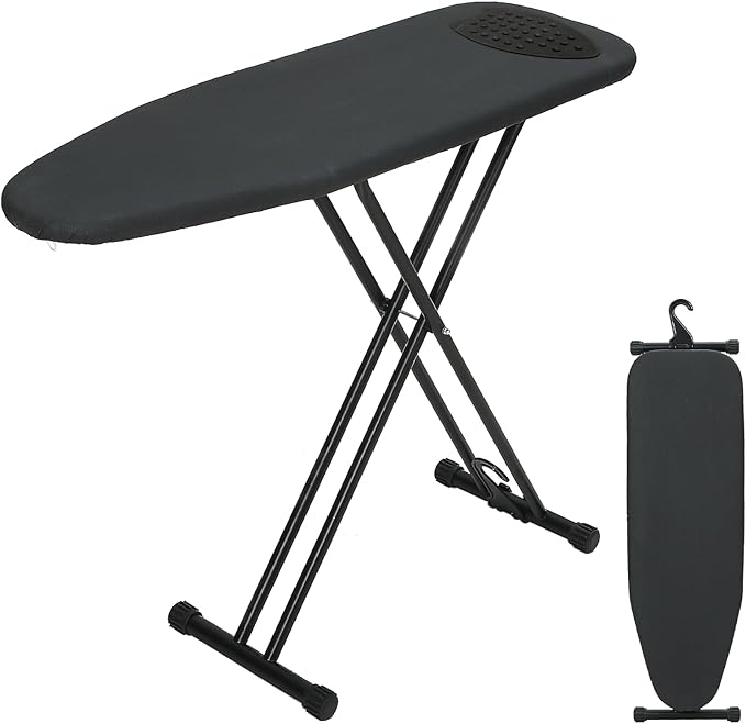 Ironing Board 43x13 with Iron Rest, RAINHOL Compact Iron Board Full Size with Thick Cover and Pad, Easy Storage Hanger with Heat-Resistant Silicone Pad, Space Saving and Height Adjustable, Black