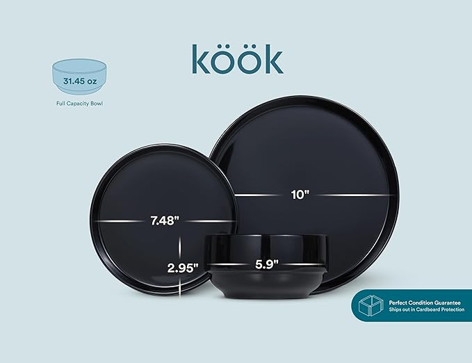Ceramic Dinnerware Set, 12-Piece Service for 4, Soup Bowls (31.5 oz), Salad Plates (7.5"), Dinner Plates (10.5"), Round, Microwave and Dishwasher Safe, Black, Cambridge Classics