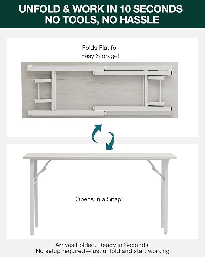 Frylr Small Folding Computer Desk – Portable 55.1 Inch Foldable Laptop Table, Collapsible and Compact for Easy and Fast Setup, Lightweight for Small Spaces, Home Craft and Study Use, White Ash