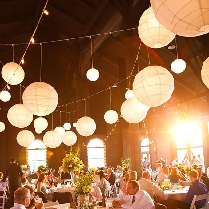 Paper Lanterns Decorative, White Hanging Round Chinese Lanterns with Lights for Wedding Anniversary Birthday Party 12 LED Light Pack of 12