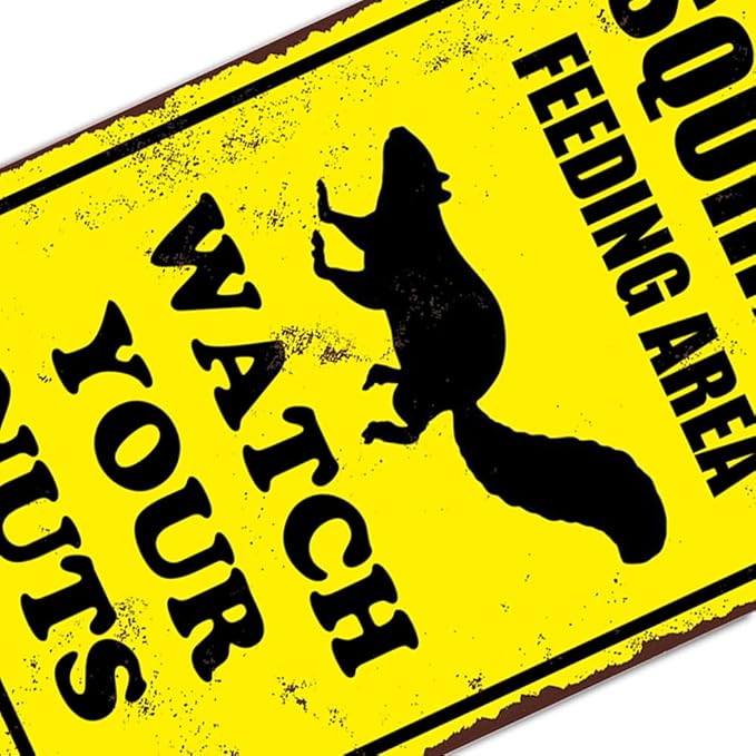 Squirrel Sign Funny Metal Sign Squirrel Feeding Area Watch Your Nuts Signs Vintage Tin Sign For Home Outdoor Garage Wall Decoration 8x12inch