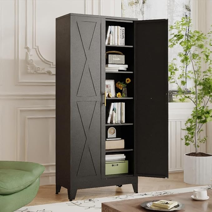 75" Tall Metal Kitchen Pantry Storage Cabinet, Freestanding Cupboard with 2 Doors and 5 Adjustable Shelves, Standing Storage for Kitchen, Bathroom, Garage, Dinning Room or Utility Room（Black）
