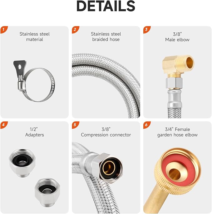 Roastove Universal Dishwasher Installation Kit,6 Ft Stainless Steel Dishwasher Hose,Burst Proof Water Supply Line with 3/8" Compression Connections,With a 6 feet drain hose and a clamp, one set