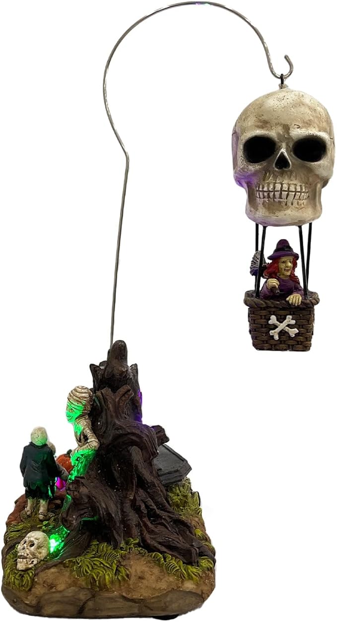 Animated Skull Balloon Ride Halloween Figurine | Spooky Town Collection Accessories with Multi-Color LED, Motion and Sound | 14.13 Inch