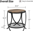 ASYA Industrial Round End Table with Storage Shelf, 2-Tier Side Table for Living Room, Adjustable Feet & lmitation Wood Grain Surface, Rustic Brown