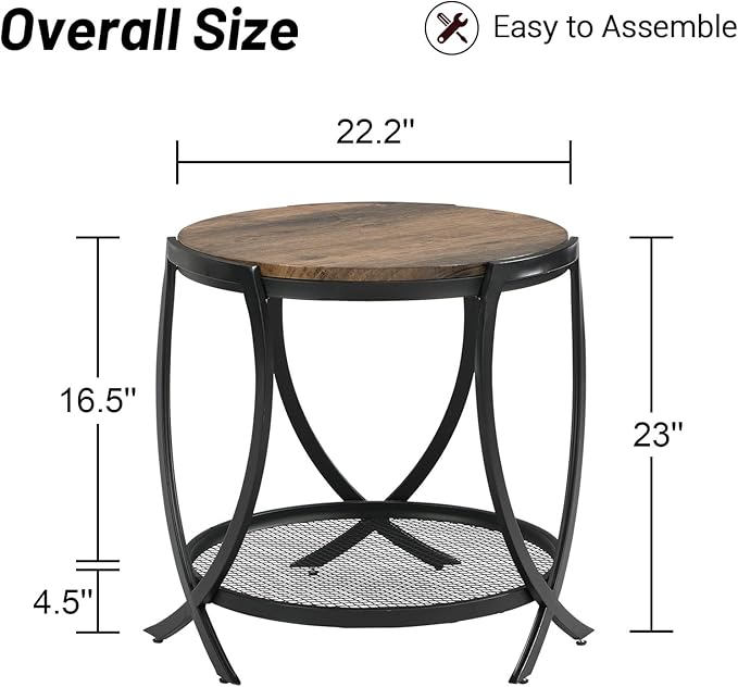 ASYA Industrial Round End Table with Storage Shelf, 2-Tier Side Table for Living Room, Adjustable Feet & lmitation Wood Grain Surface, Rustic Brown
