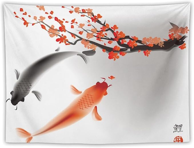 Japanese Koi Fish Tapestry, Cherry Blossoms Asian Oriental Flower Branch Koi Fish Carp Tapestries Wall Hanging for Bedroom Living Room Office Decor 40"x30"