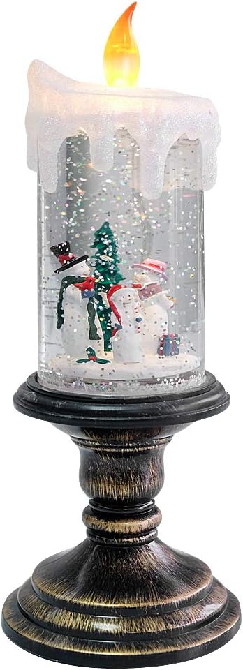 Eldnacele Christmas Snow Globe Candle Battery Operated Lighted Flameless Candles Light Swirling Water Glittering Spinning Candles for Home Decoration(Snowmen Family)