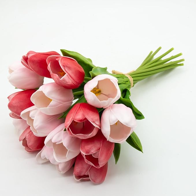 Buart Artificial Tulip in Bulk for Home Kitchen Wedding Bridal Bouquet,Fake Flowers for Valentine's Day Mother's Day Easter Table Centerpieces Decorations(Large Size,Multi Pink,Real-Touch,12pcs)