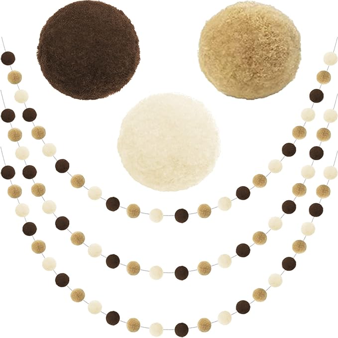 Jishi Pom Pom Garland Boho Party Decorations, 3-Pack Brown Khaki Beige Felt Ball Garland Cute Pastel Rainbow Pompom Strings, Christmas Birthday Wedding Rustic Boho Home Decor Supplies, Xmas Tree Decor