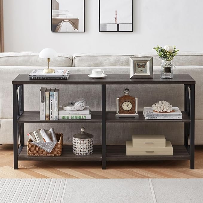 LVB Rustic Console Table, Industrial Modern Sofa Table Behind Couch, Long Metal Wood Entryway Table with Storage Shelf, Farmhouse Foyer Hallway Table for Home Living Room Bedroom, Dark Gray Oak, 63 in