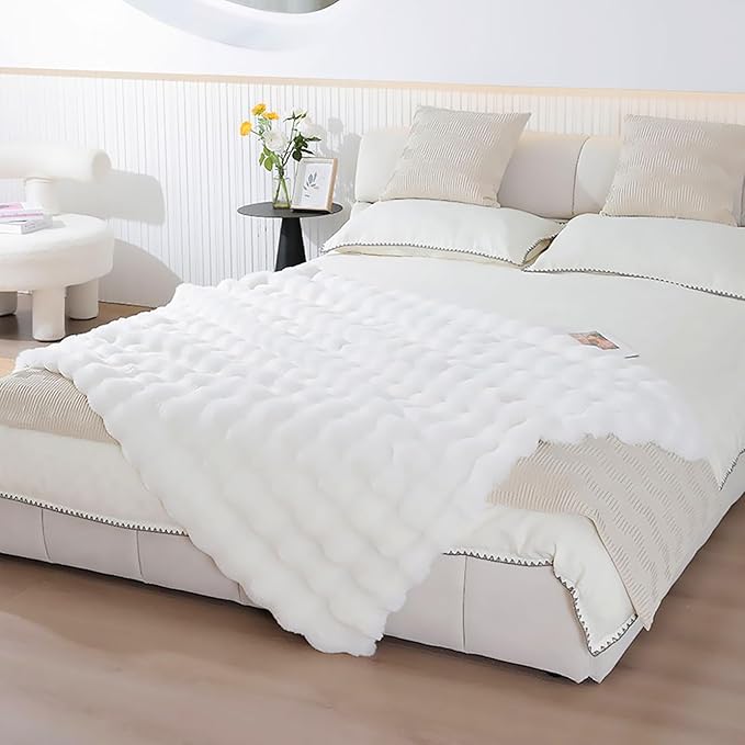 UKELER White Plush Furry Throw Blanket Super Soft Cozy Warm Blanket for Bed, Couch, Sofa, Office, Camping Shaggy Faux Fur Blanket Gift for Women, Men 50''x60''