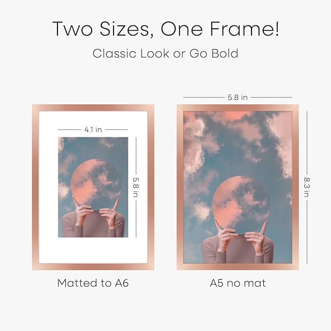 Homeforia A5 Frame Rose Gold, High End Metal 5.8 x 8.3 Picture Frames Matted to 4.1 by 5.8 inch Art, A5 Display Photo Frame with Mat A6, 5.8x8.3 Rose Poster Frames, Tempered Glass, Wall Kit, Set of 1