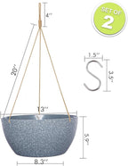 13 Inch 2 Pack Large Hanging Planters for Indoor Outdoor Plants, Plastic Hanging Basket Pots for House Plants Flowers, Grey