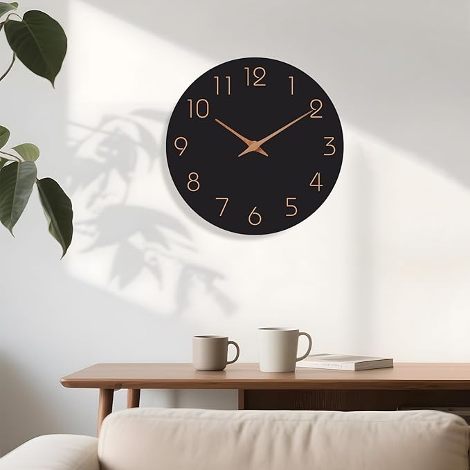 Mosewa Wall Clock Battery Operated 10 Inch Black Silent Non Ticking Simple Minimalist Style Rose Gold Numbers Decorative for Living Room Kitchen Home Office Bathroom