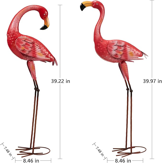 Metal Flamingo Garden Statue, 40" Tall Outdoor Decor Flamingos Yard Art Sculptures and Statues Reinforced Foot, Weatherproof Flamingo Ornaments for Lawn Pool Backyard Decor, Set of 2
