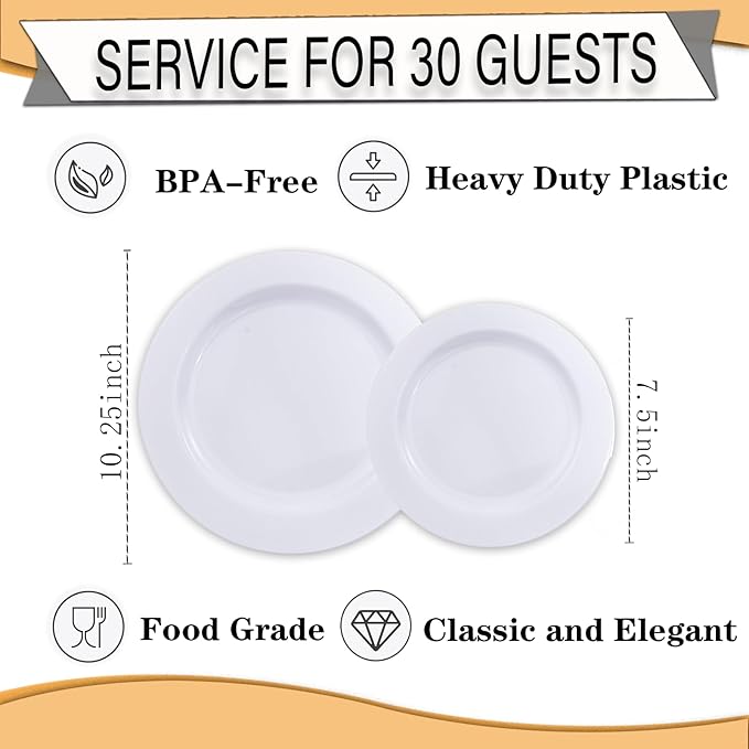FLOWERCAT 60PCS White Plastic Plates - Heavy Duty White Disposable Plates for Birthday Party/Wedding -serve for 30 guests Include 30PCS 10.25" Dinner Plates & 30PCS 7.5" Dessert Plates for Party