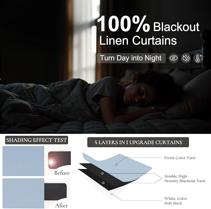 Light Blue Curtains 96 Inches Long for Living Room Linen Boho Blackout Room Darkening Back Tab Pleated Thermal Window Treatments Pale Blue Black Out Curtain Drapes for Bedroom Decor 96 Length 2 Panel