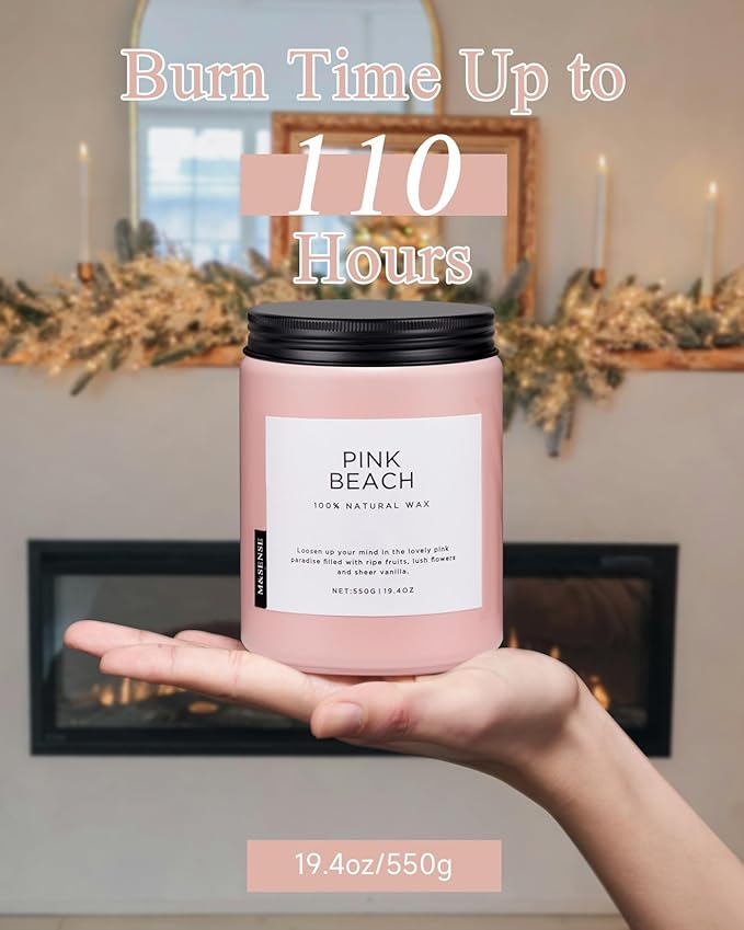 M&SENSE Pink Beach Sands Jar Candle, 19.4oz Pineapple Coconut Scented Natural Soy Candles for Home Scented, 110 Hour Burn Time, Home Decor Gift for Women, Friends, Family, Colleagues, Couples