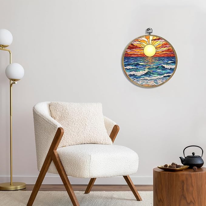 Colorful Boho Waves on The Beach Sunset Gifts for Sunset Lovers Framed Round Wall Decor Canvas Wall Art Hanging Prints Artwork for Home Nursery Bathroom Bedroom Living Room Decorations 10.2X10.2 Inch