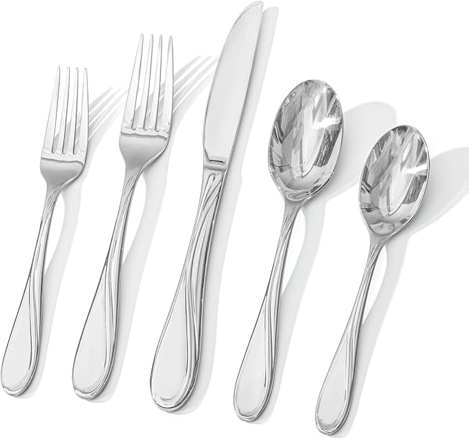 HIKAA Wave Design Silverware Set Service for 2, 10-Piece Artistic Stainless Steel Flatware Set with Fibonacci Pattern, Heavy Duty Mirror Polished Cutlery Set