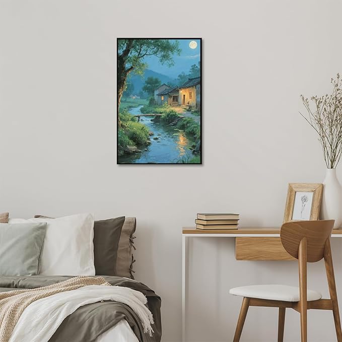 Moonlight under the big tree creek cabin scenery is suitable for posting in the living room bedroom office scenery poster wall painting