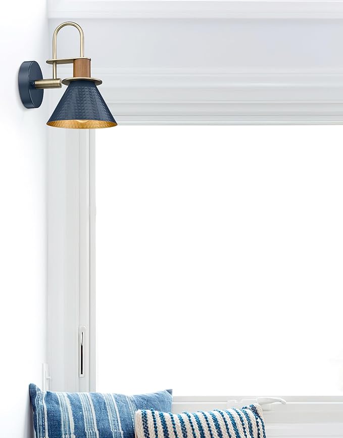 Modern Wall Sconces, HWH Industrial Sconce Wall Lighting Indoor Wall Lamp, Gooseneck 1-Light Barn Vanity Light for Kitchen Bedroom, Hammered Metal Shade, Navy Blue Finish, 5HZG74B-L BL+BG