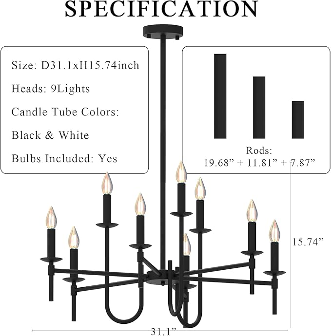 Farmhouse Black Chandelier, Modern Candle Hanging Lamp, Round LED Ceiling Pendant Lights for Kitchen Island Living Room Bedroom Dining Room (Black-B 9Lights)
