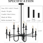 Farmhouse Black Chandelier, Modern Candle Hanging Lamp, Round LED Ceiling Pendant Lights for Kitchen Island Living Room Bedroom Dining Room (Black-B 9Lights)