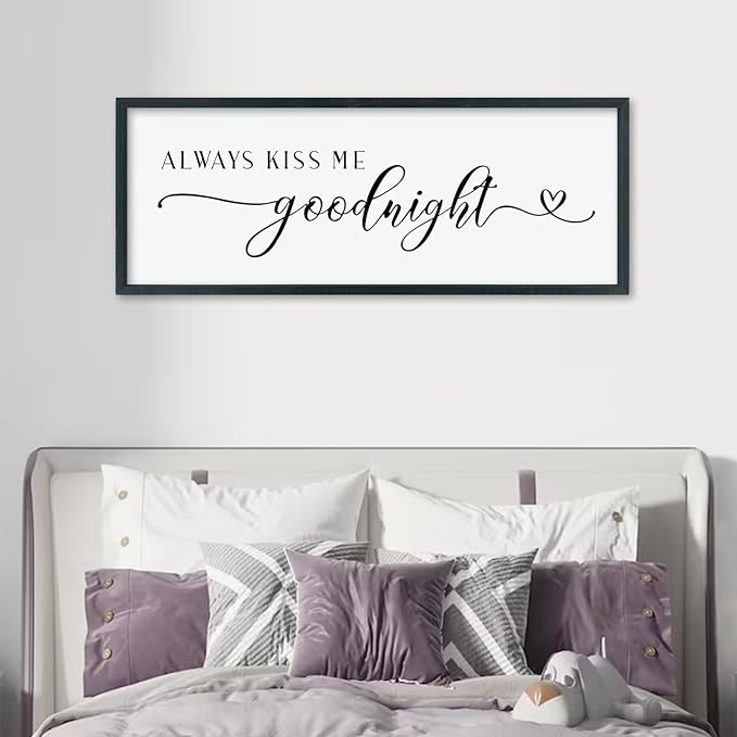 comurdyo Always Kiss Me Goodnight Sign for Bedroom Above bed Wall Decor 40''×15'' Large Wood Frame For Couples Over Bed Hanging Wall Art (Black)