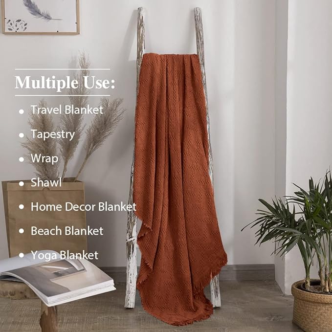 Simple&Opulence 100% Cotton Throw Blanket for Bed, Couch, Boho Luxury Geometric Woven Blanket with Tassels Soft Lightweight Cozy Breathable, Vintage Farmhouse Decoration for All-Season(Rust Orange)